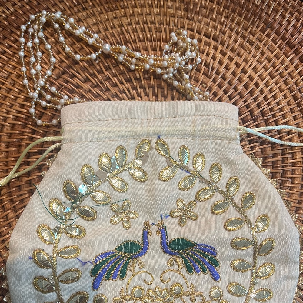 Embroidered Drawstring Pouch with Peacock Design